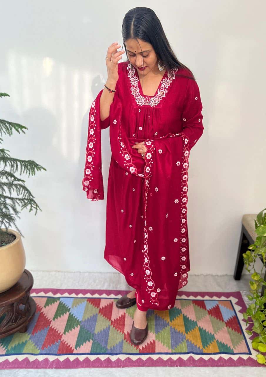 Elegant Vichitra Silk Handwork Gown Set with Embroidered Dupatta