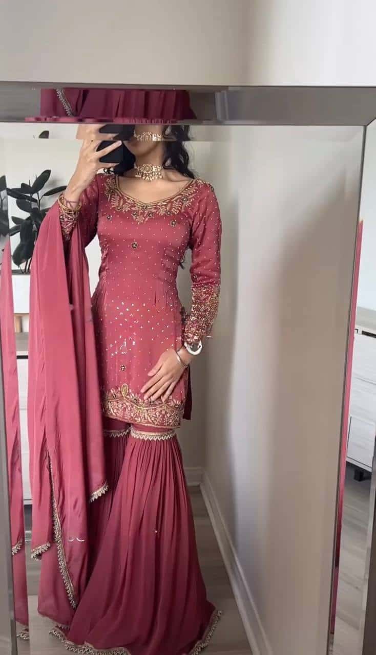 "Opulent Gold Crush Embroidered Top & Plazzo Set with Beads and Lace Dupatta"