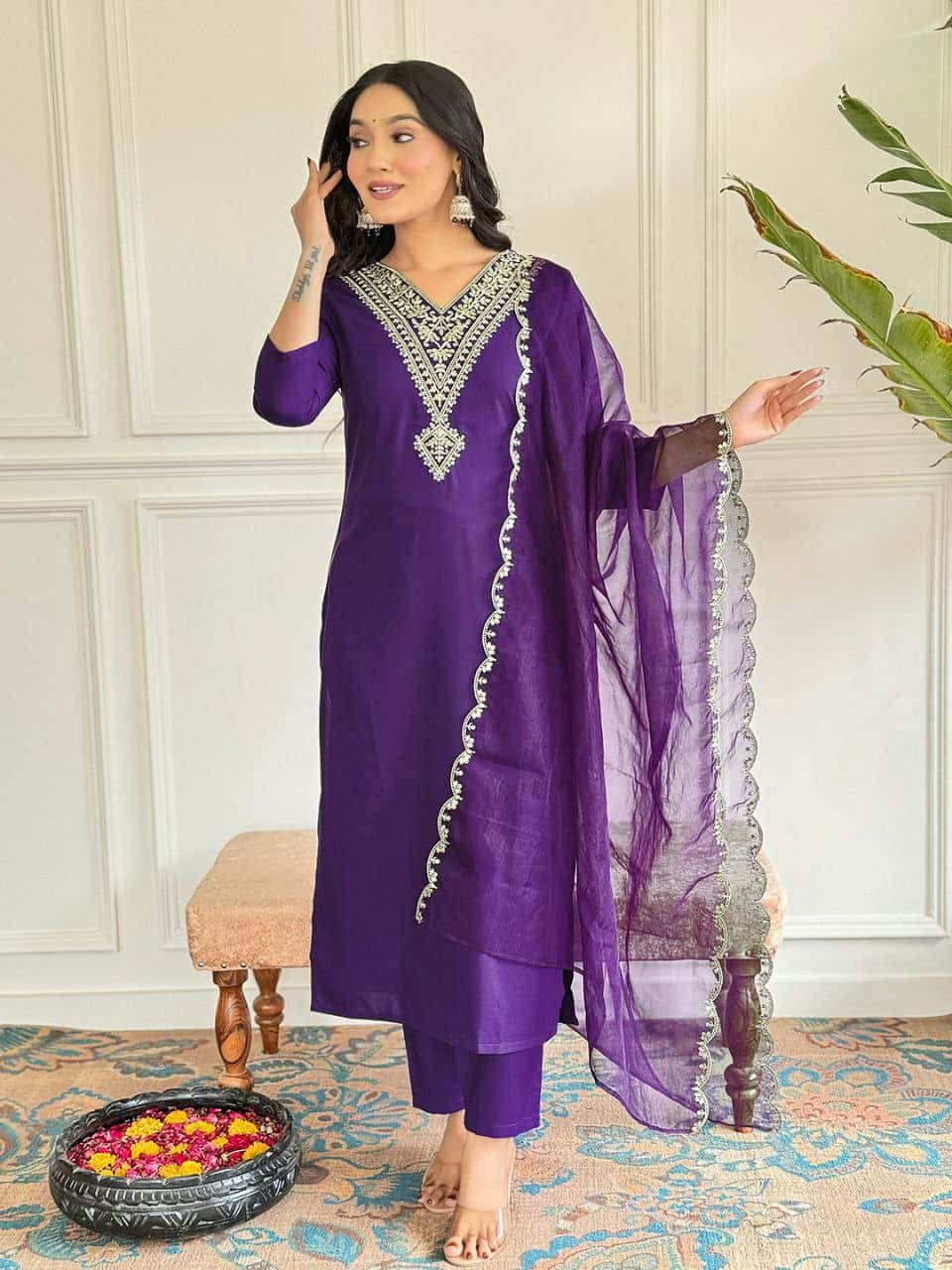 "Elegant Viscose Rayon Kurti Set with Embroidered Sequence & Organza Dupatta"