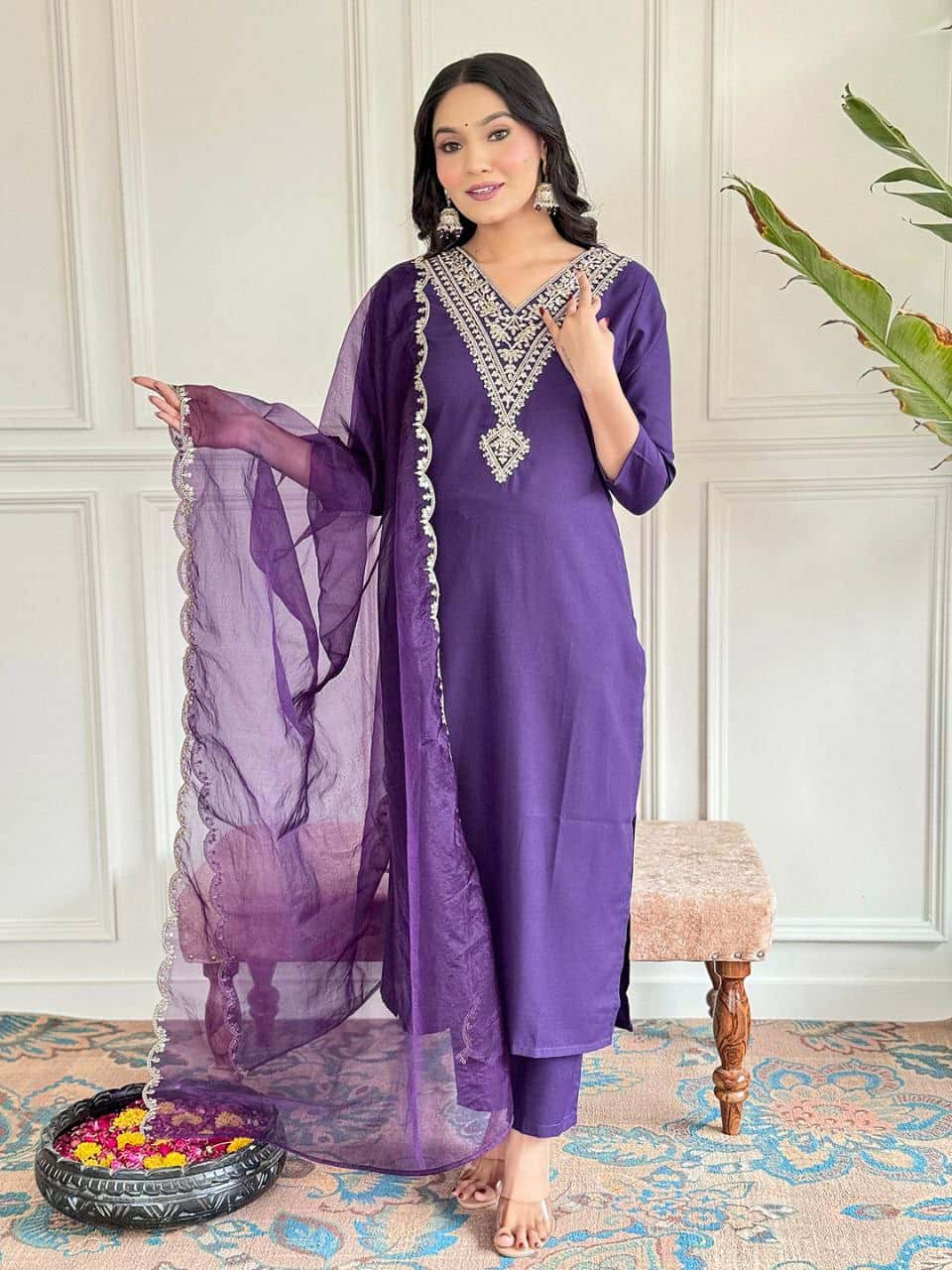 "Elegant Viscose Rayon Kurti Set with Embroidered Sequence & Organza Dupatta"