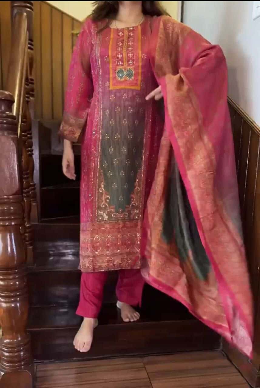 "Elegant Pink & Grey 3-Piece Kurti Set for Women with Gold Accents"