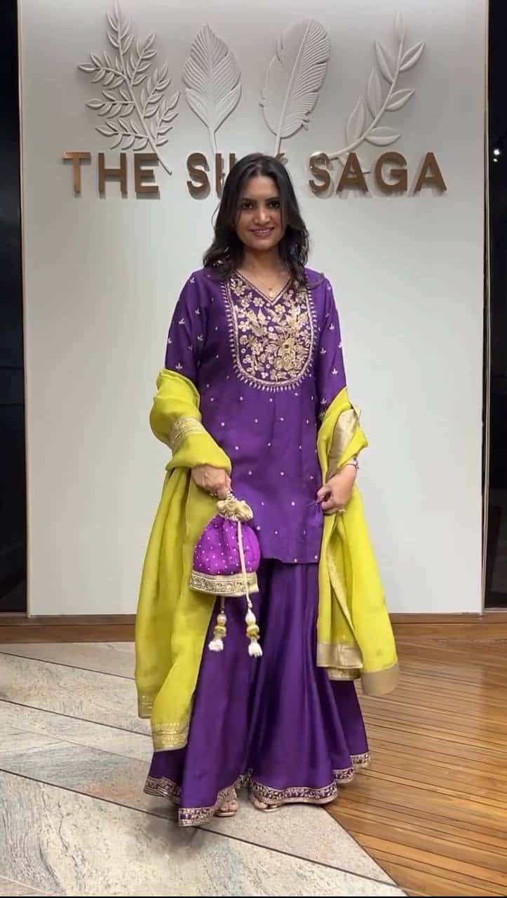 Elegant Heavy Chinnon Silk Embroidered Top with Flared Sharara & Dupatta