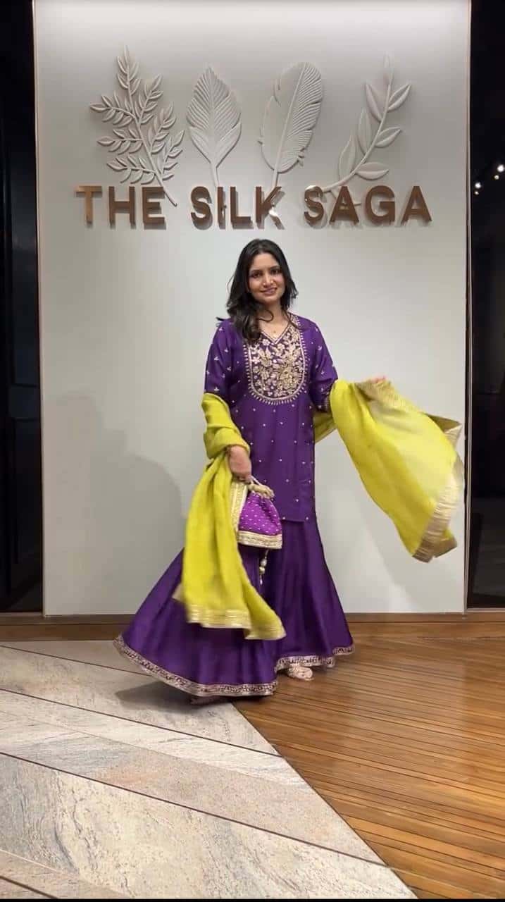 Elegant Heavy Chinnon Silk Embroidered Top with Flared Sharara & Dupatta