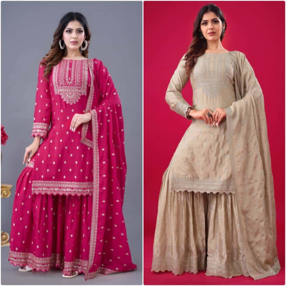 "Elegant Heavy Chinon Silk Embroidered Sharara Set with Lace Dupatta"