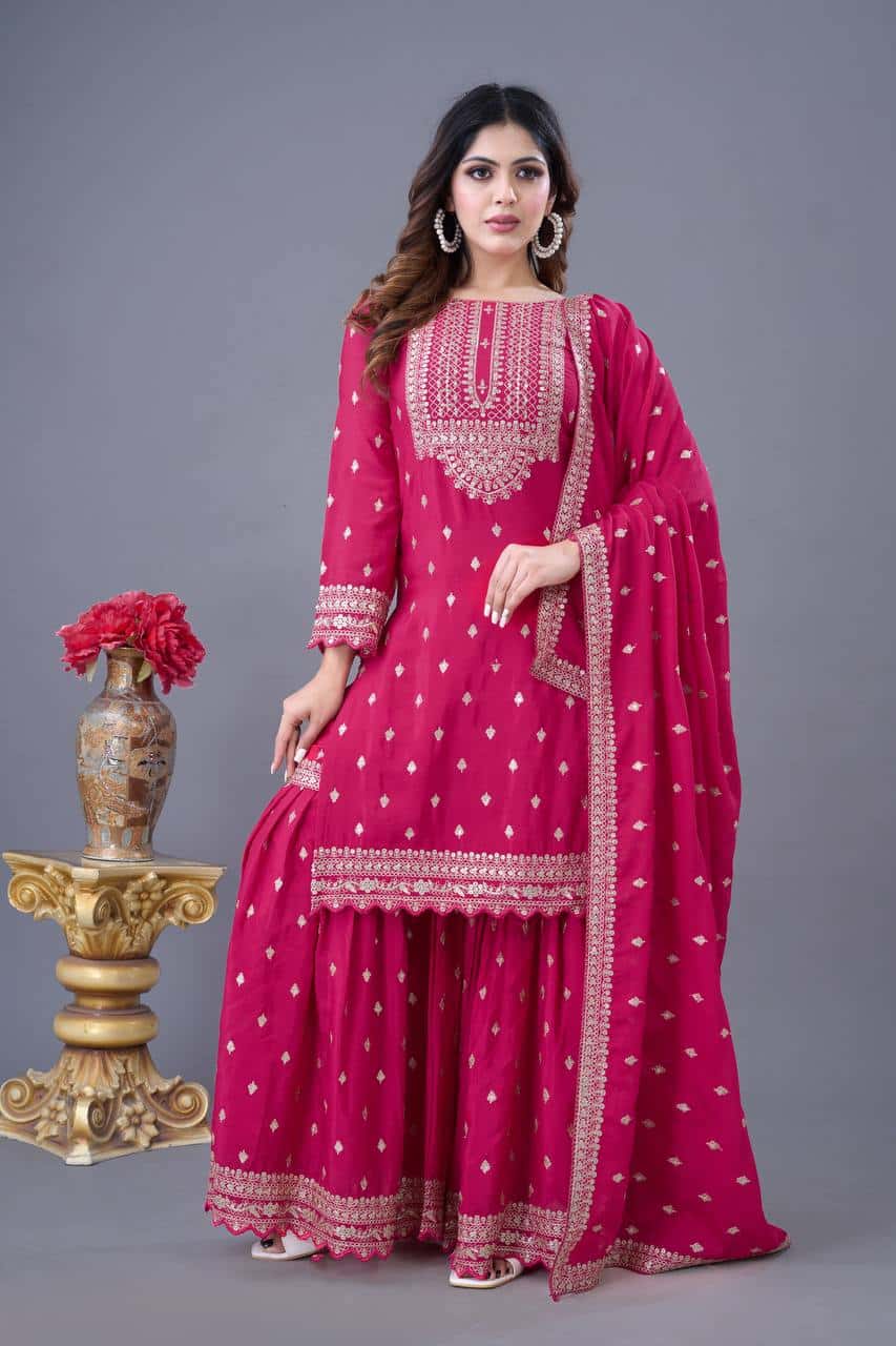"Elegant Heavy Chinon Silk Embroidered Sharara Set with Lace Dupatta"