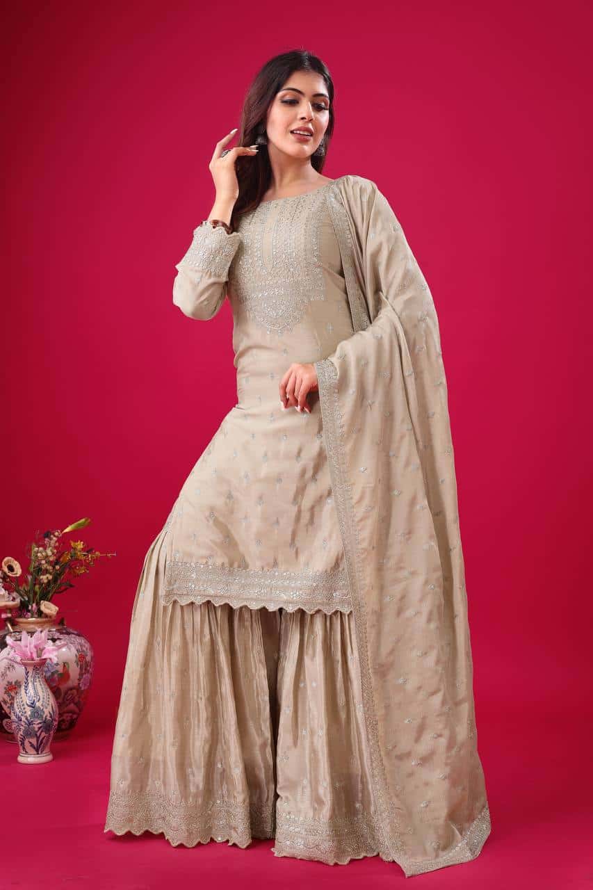 "Elegant Heavy Chinon Silk Embroidered Sharara Set with Lace Dupatta"