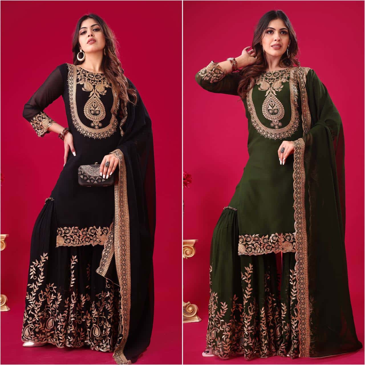 "Elegant Blooming Faux Georgette Embroidered Set with Plazzo and Dupatta"