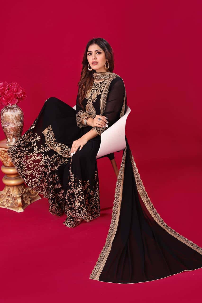 "Elegant Blooming Faux Georgette Embroidered Set with Plazzo and Dupatta"