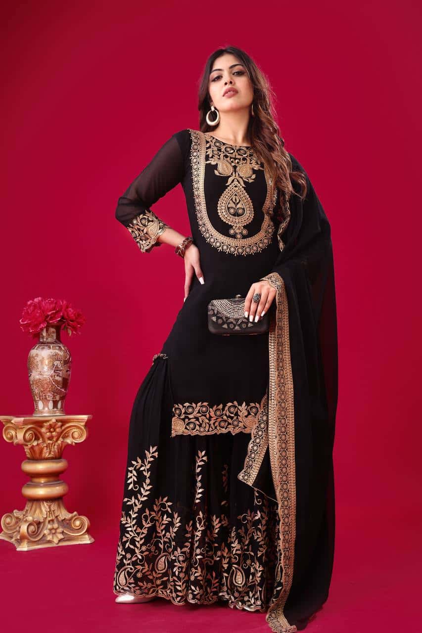 "Elegant Blooming Faux Georgette Embroidered Set with Plazzo and Dupatta"