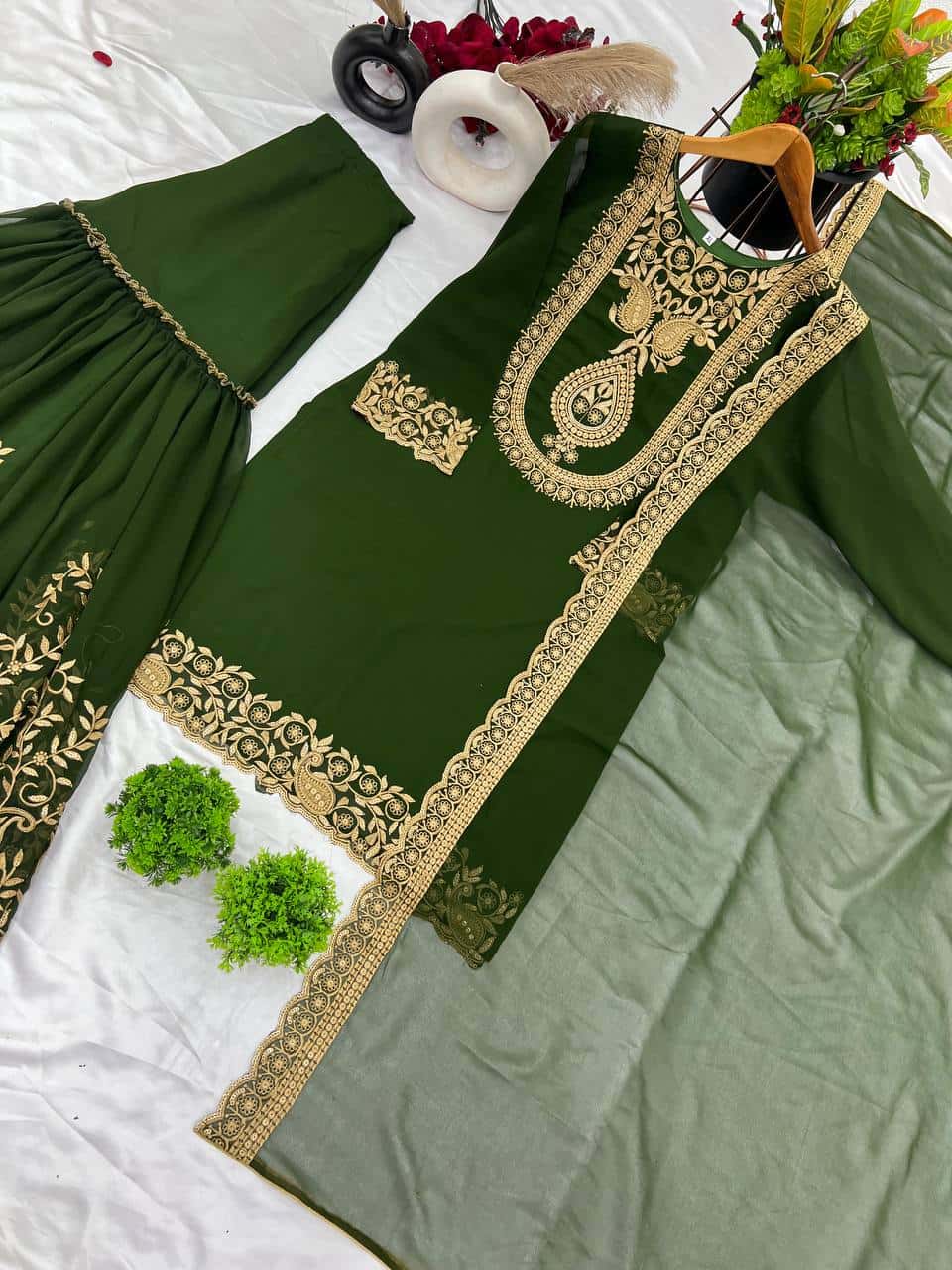 "Elegant Blooming Faux Georgette Embroidered Set with Plazzo and Dupatta"