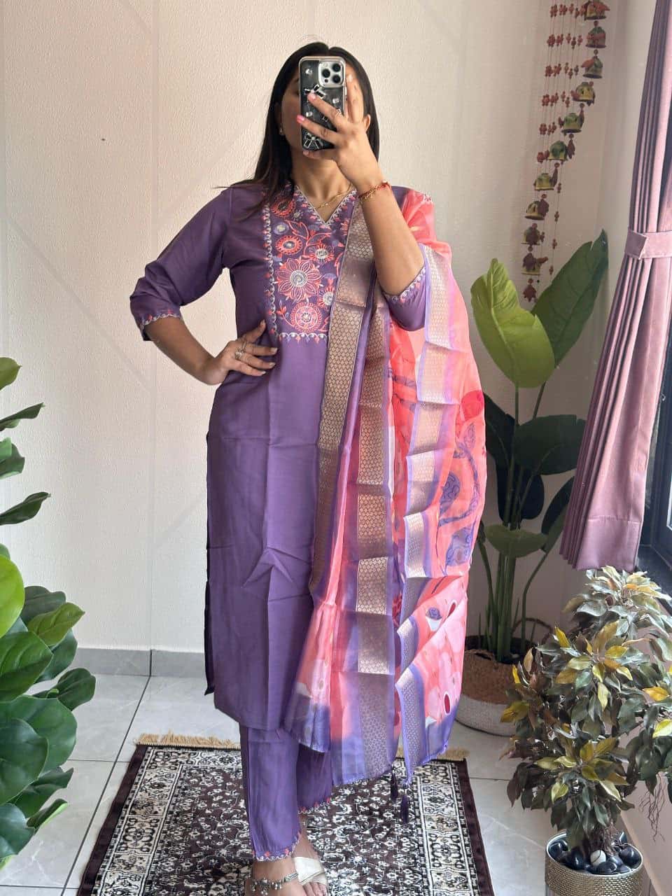 "Elegant Violet Kurti with Sequence Work and Organza Jacquard Dupatta"