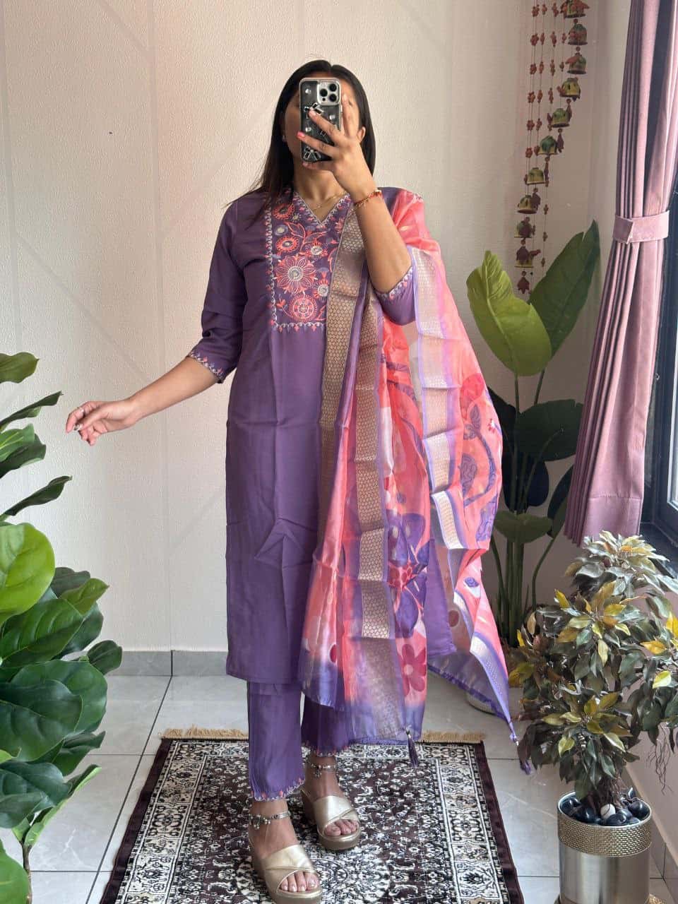 "Elegant Violet Kurti with Sequence Work and Organza Jacquard Dupatta"