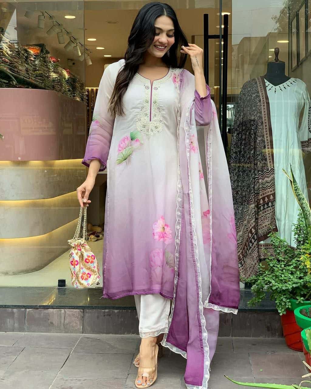 "Elegant Fuchsia Floral Kurta with Net Dupatta for Celebrations"