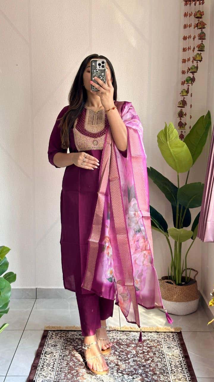 "Elegant Wine Roman Silk Kurti Set with Swarovski Embroidery & Jacquard Dupatta"