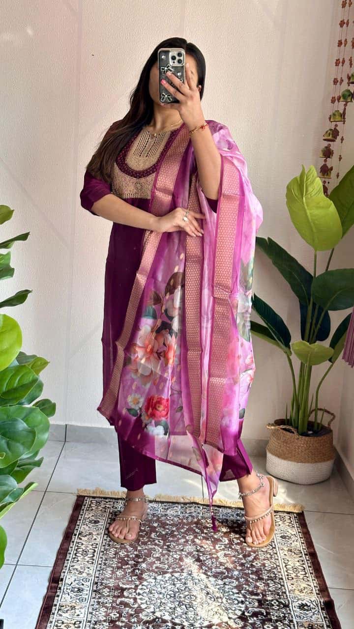 "Elegant Wine Roman Silk Kurti Set with Swarovski Embroidery & Jacquard Dupatta"