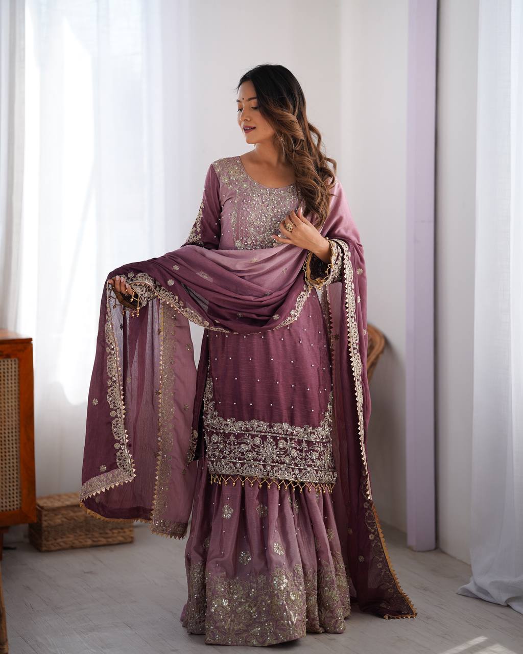 Codeing Dori with Sequnce with Rivet Moti Kurta Sharara Set