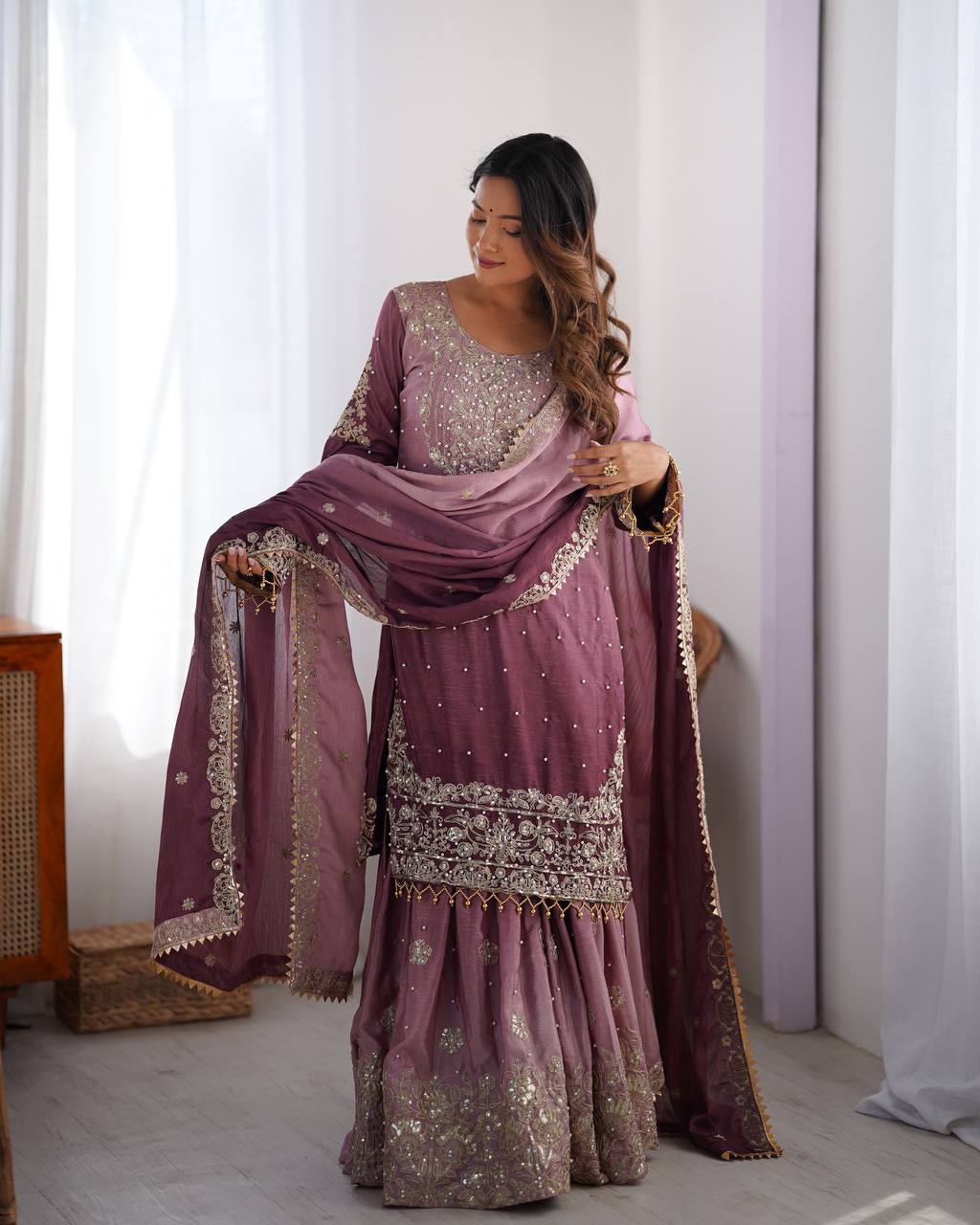 Codeing Dori with Sequnce with Rivet Moti Kurta Sharara Set