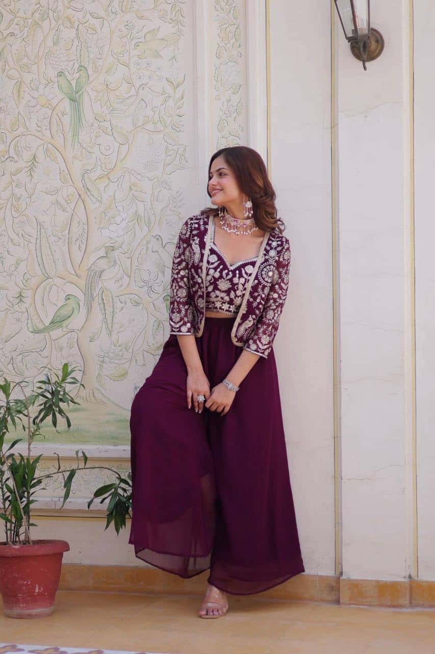 Faux Georgette Koti and Choli Set with Heavy Sequence and Lace Embroidery