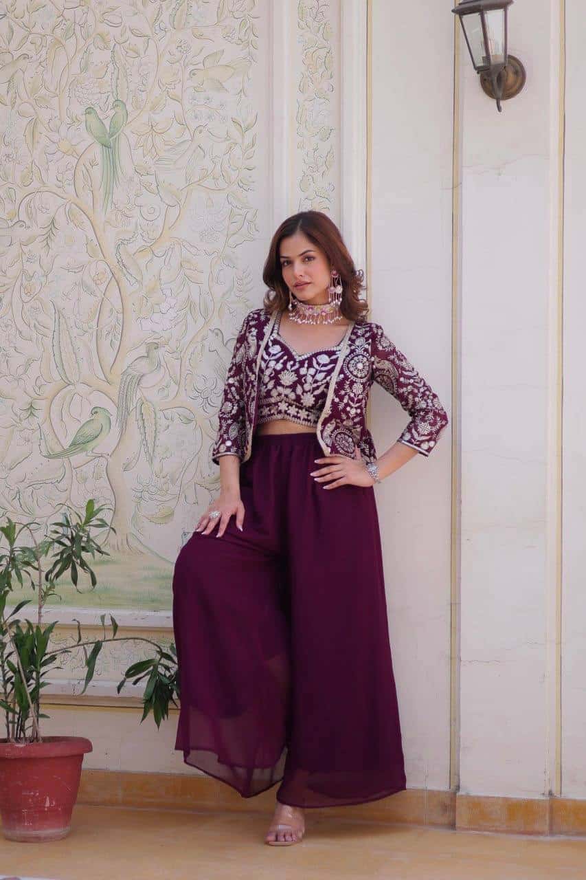 Faux Georgette Koti and Choli Set with Heavy Sequence and Lace Embroidery