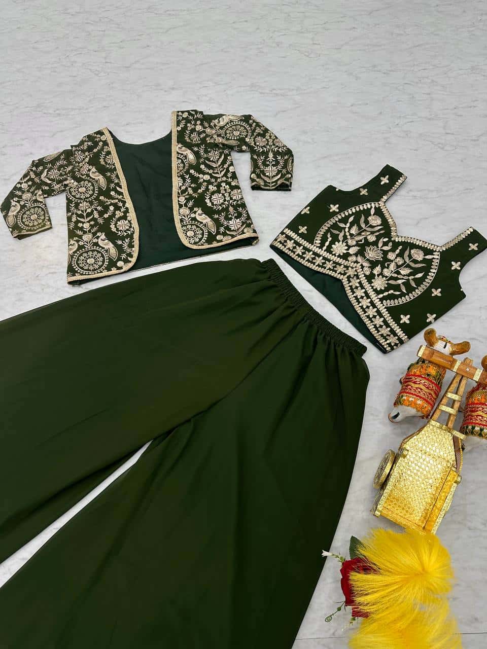 Faux Georgette Koti and Choli Set with Heavy Sequence and Lace Embroidery