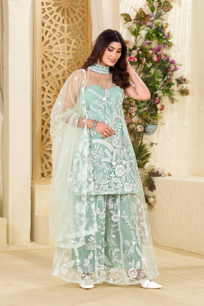 Trending Halter Neck net fabric  Kurta & Palazzo Set with Dupatta