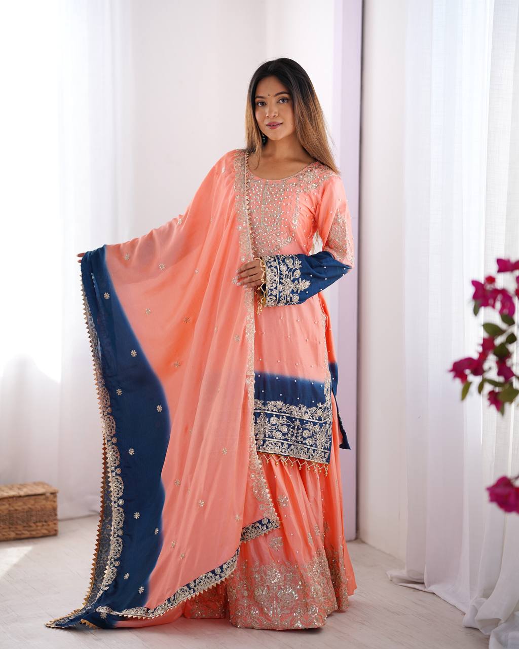 Codeing Dori with Sequnce with Rivet Moti Kurta Sharara Set