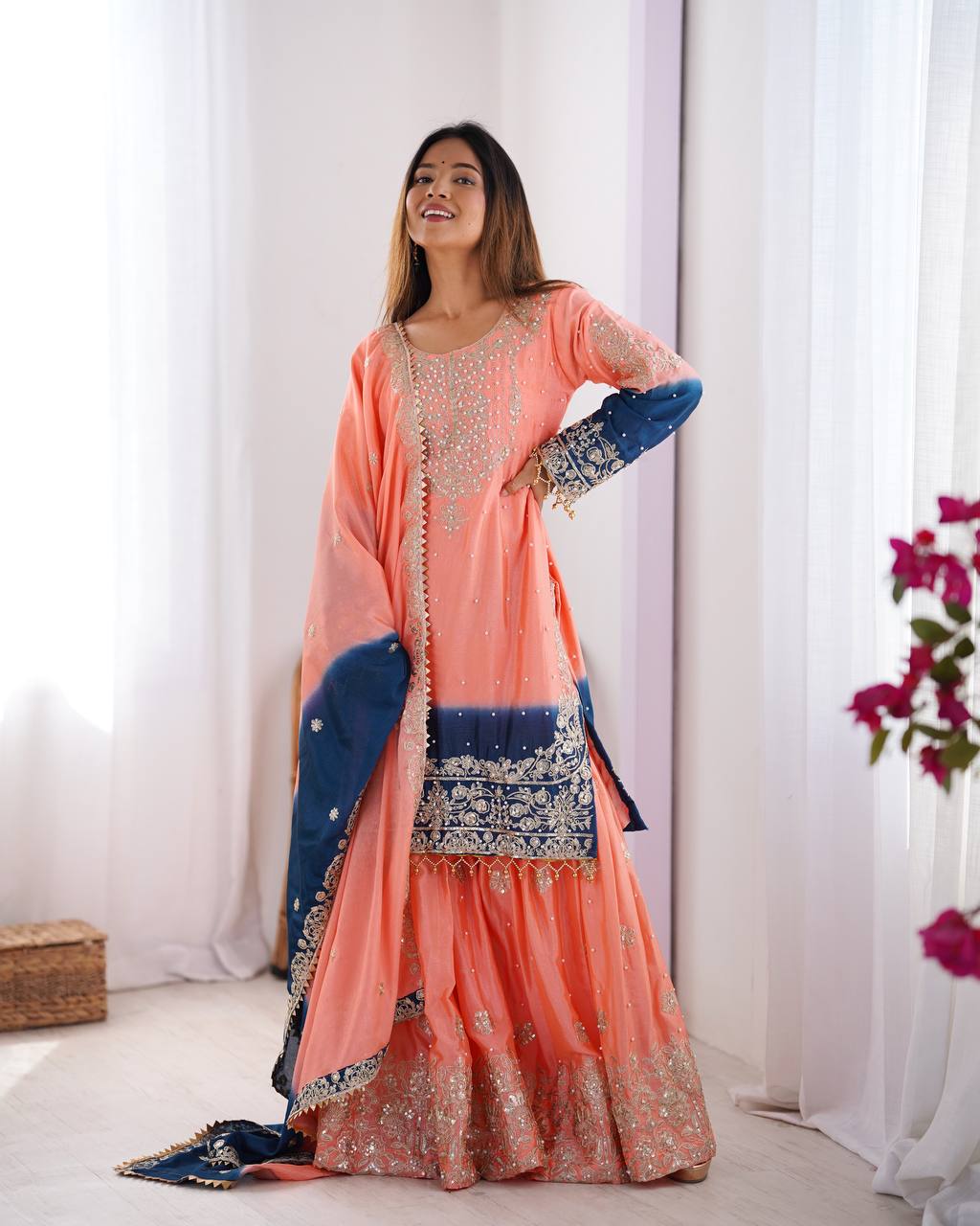 Codeing Dori with Sequnce with Rivet Moti Kurta Sharara Set