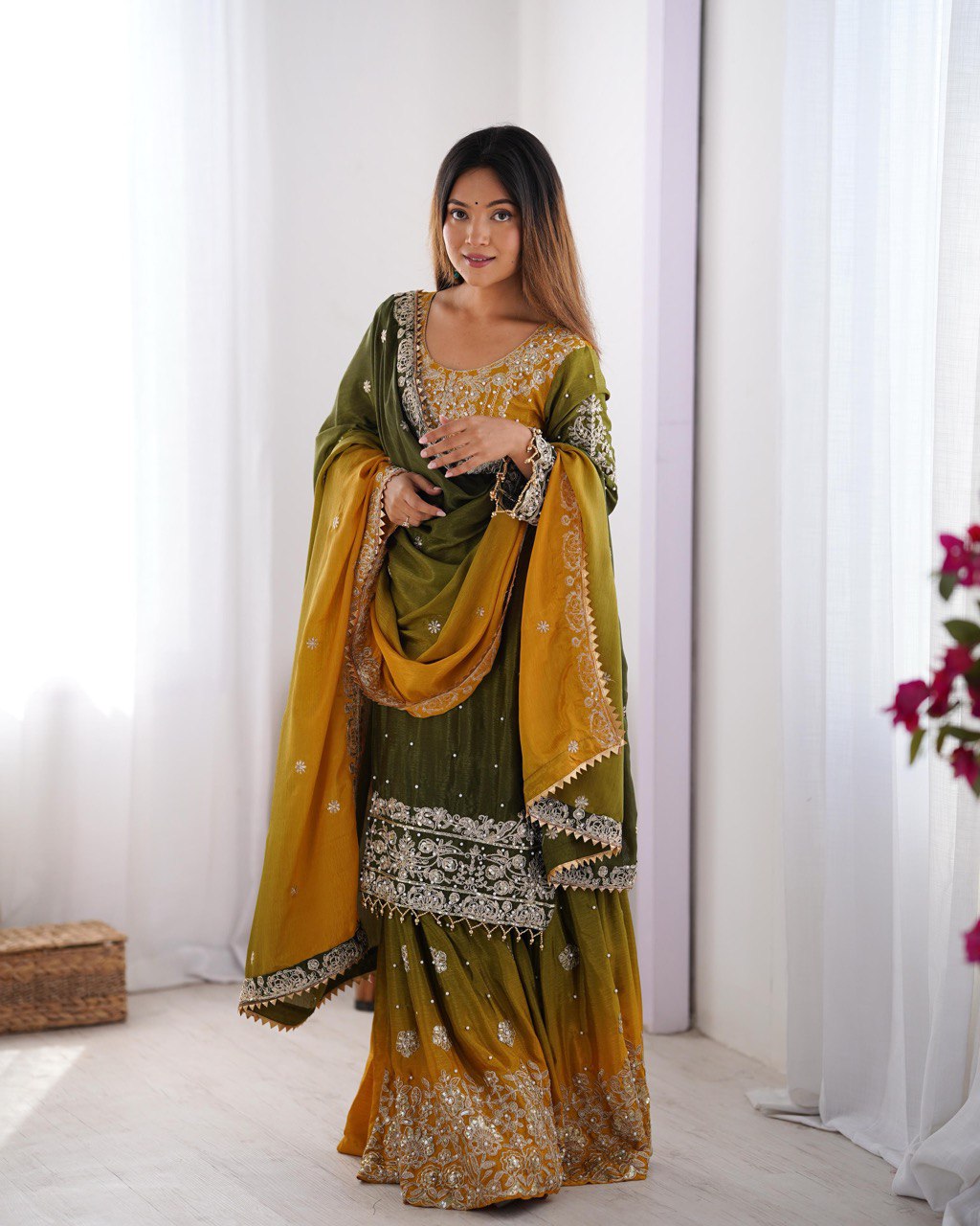 Codeing Dori with Sequnce with Rivet Moti Kurta Sharara Set