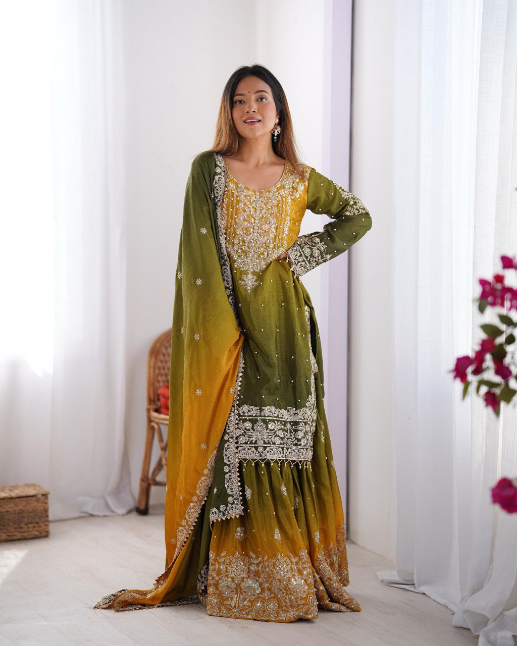 Codeing Dori with Sequnce with Rivet Moti Kurta Sharara Set