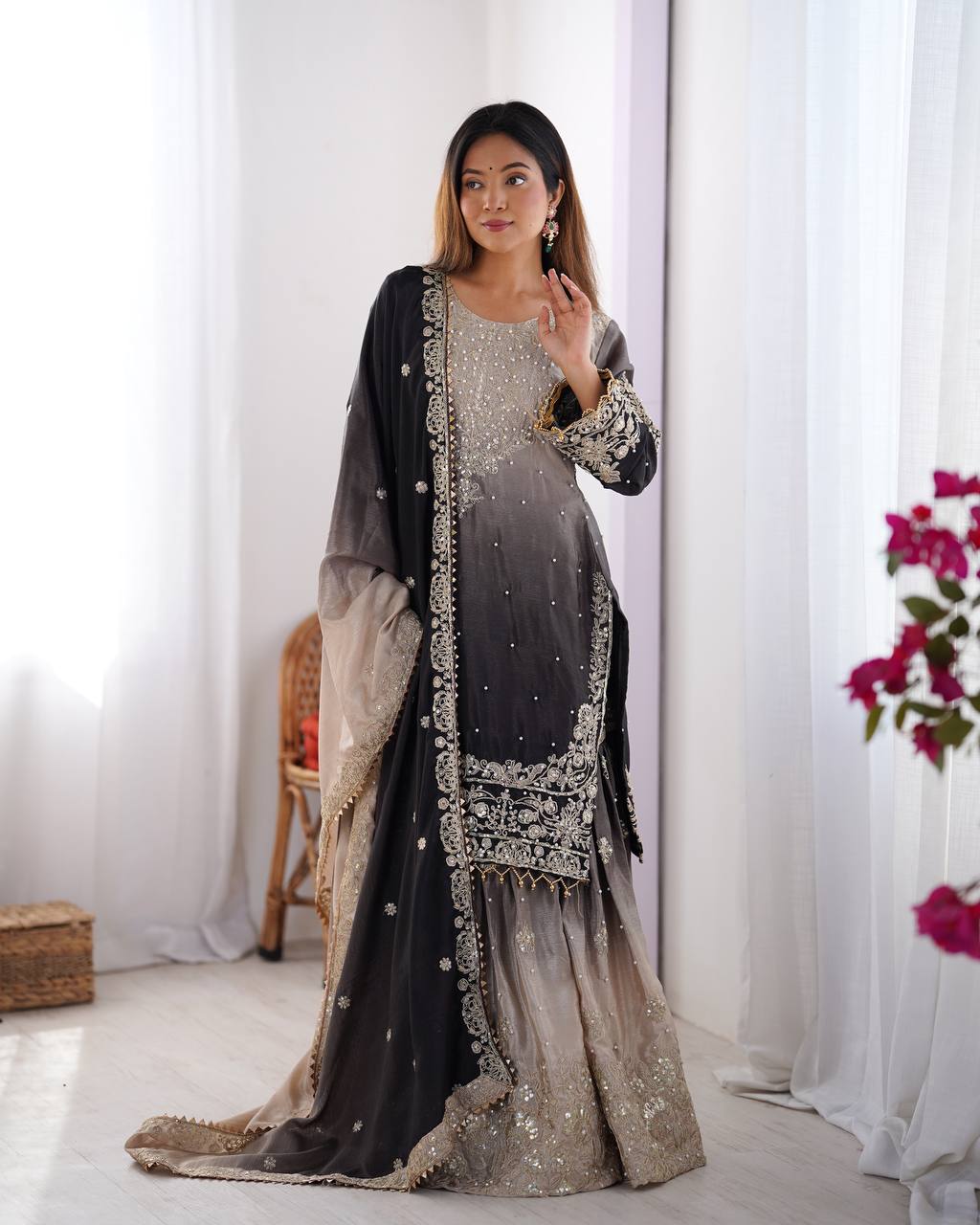 Codeing Dori with Sequnce with Rivet Moti Kurta Sharara Set