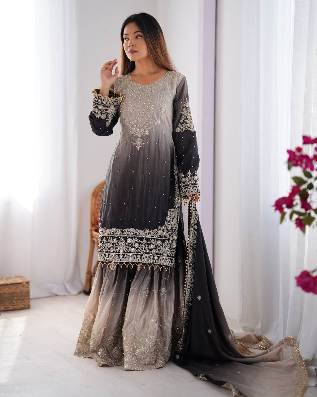 Codeing Dori with Sequnce with Rivet Moti Kurta Sharara Set