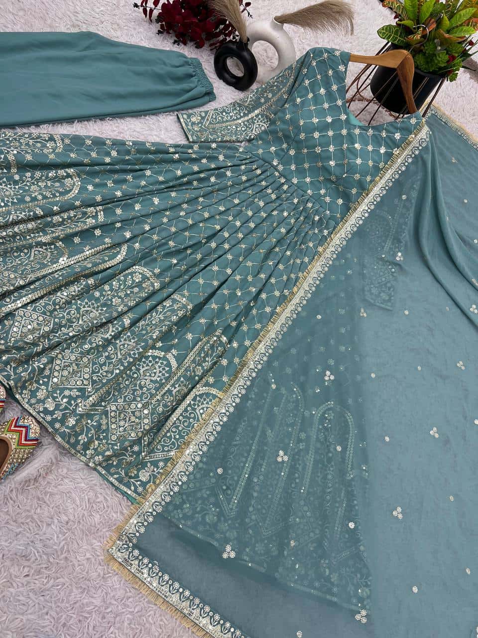 Heavy Embroidery Faux Georgette Top with Sharara and Dupatta