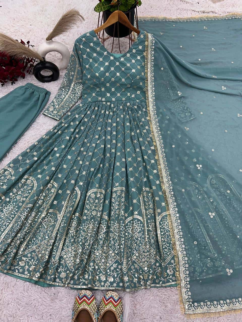 Heavy Embroidery Faux Georgette Top with Sharara and Dupatta