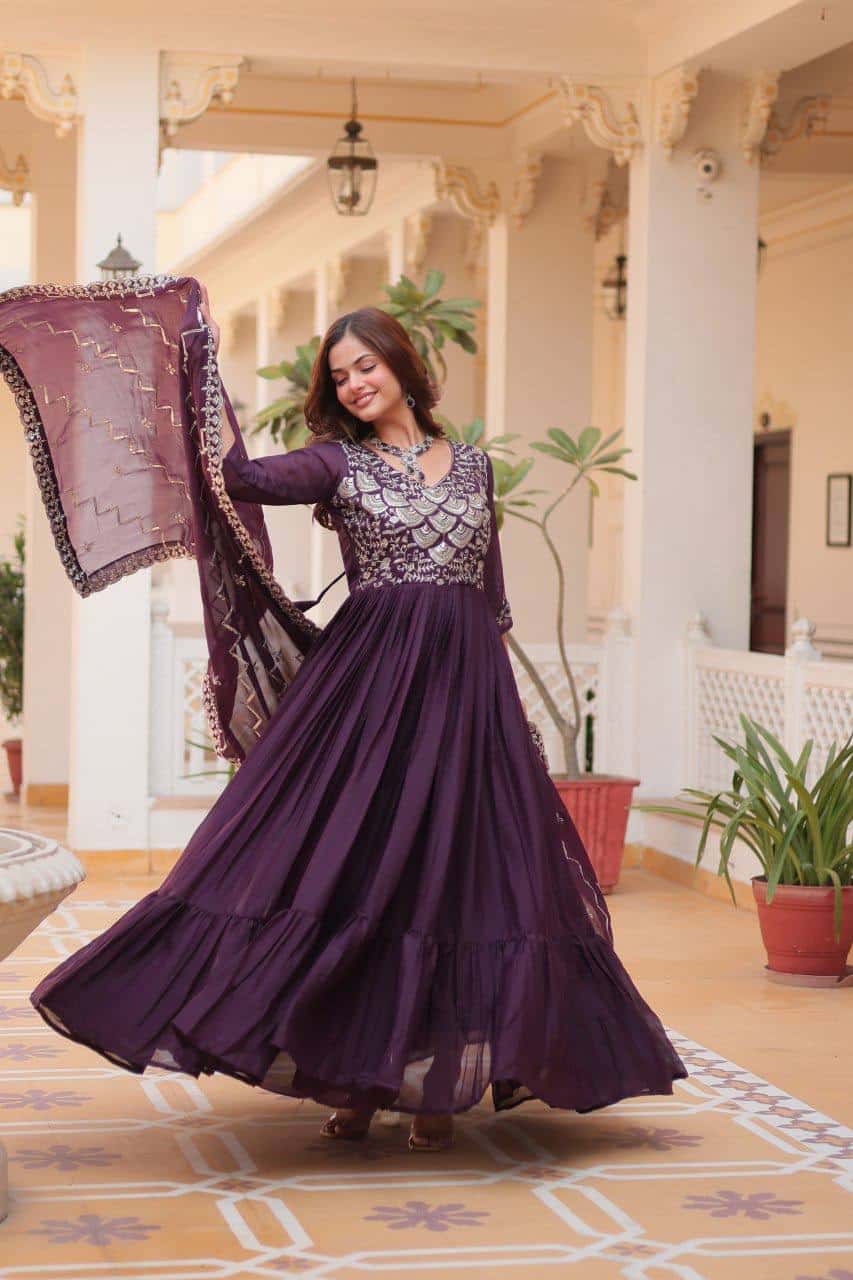 Pure Star Georgette Gown with Heavy Sequence Embroidery and Matching Dupatta