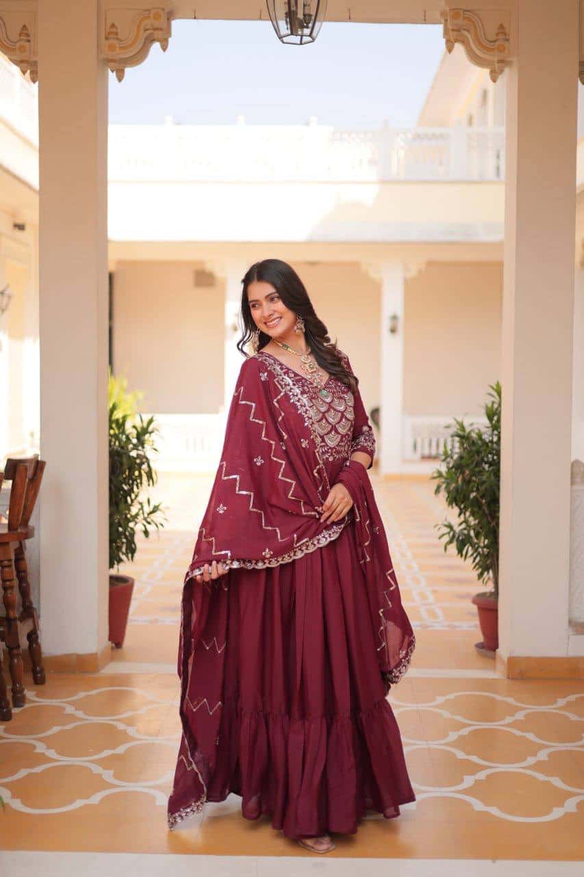 Pure Star Georgette Gown with Heavy Sequence Embroidery and Matching Dupatta