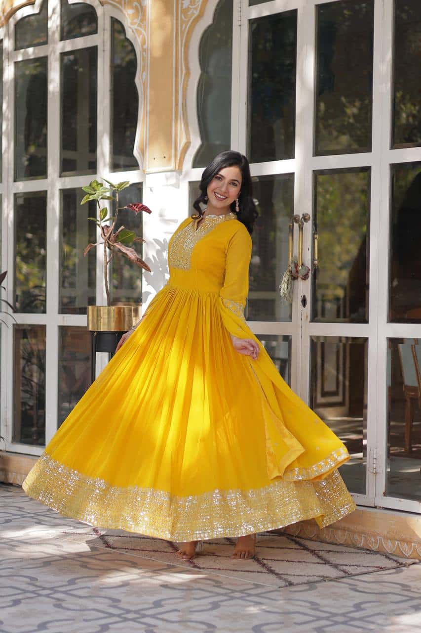Elegant Designer Gown & Dupatta Set – Faux Blooming Georgette with Embroidery.