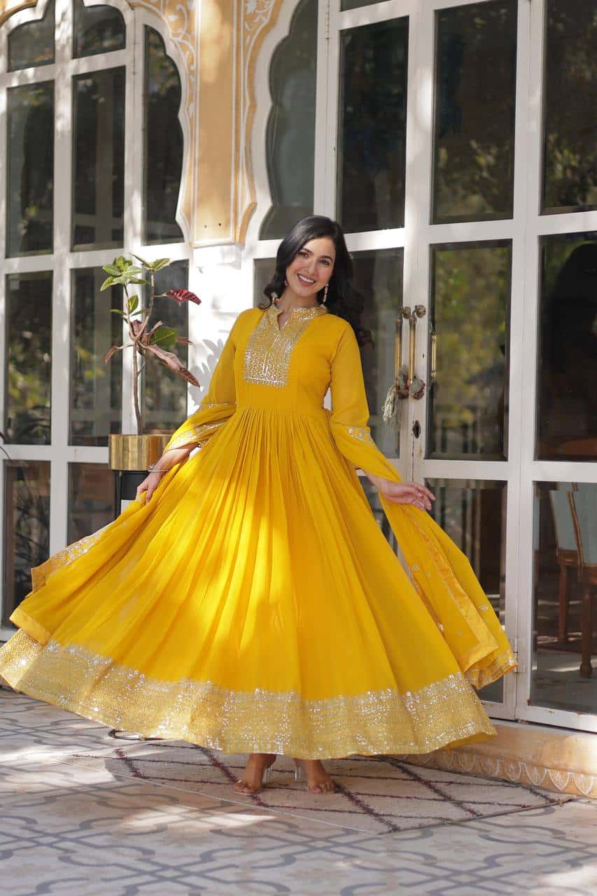 Elegant Designer Gown & Dupatta Set – Faux Blooming Georgette with Embroidery.