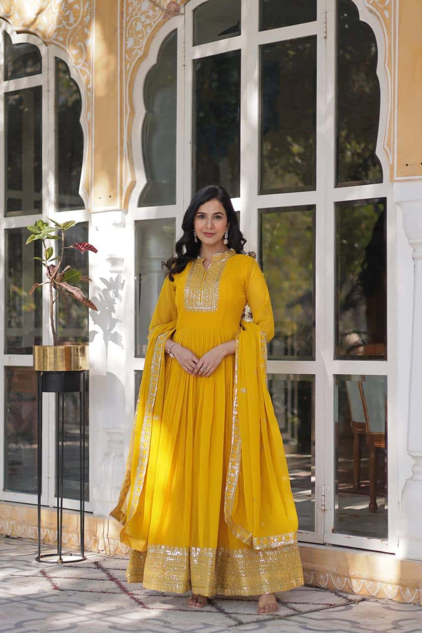 Elegant Designer Gown & Dupatta Set – Faux Blooming Georgette with Embroidery.