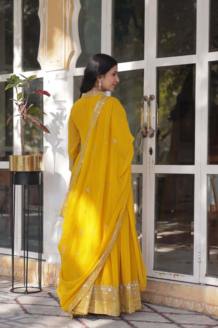 Elegant Designer Gown & Dupatta Set – Faux Blooming Georgette with Embroidery.
