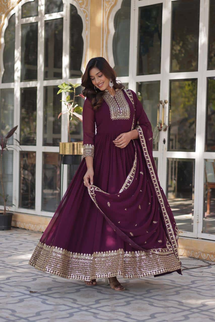 Elegant Designer Gown & Dupatta Set – Faux Blooming Georgette with Embroidery.