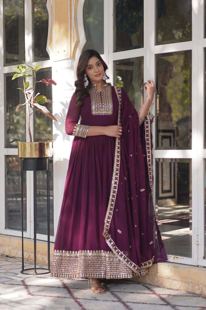 Elegant Designer Gown & Dupatta Set – Faux Blooming Georgette with Embroidery.