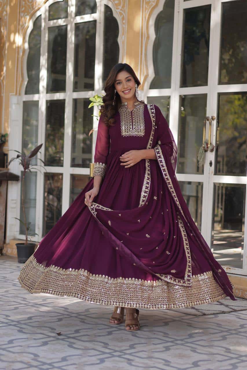 Elegant Designer Gown & Dupatta Set – Faux Blooming Georgette with Embroidery.