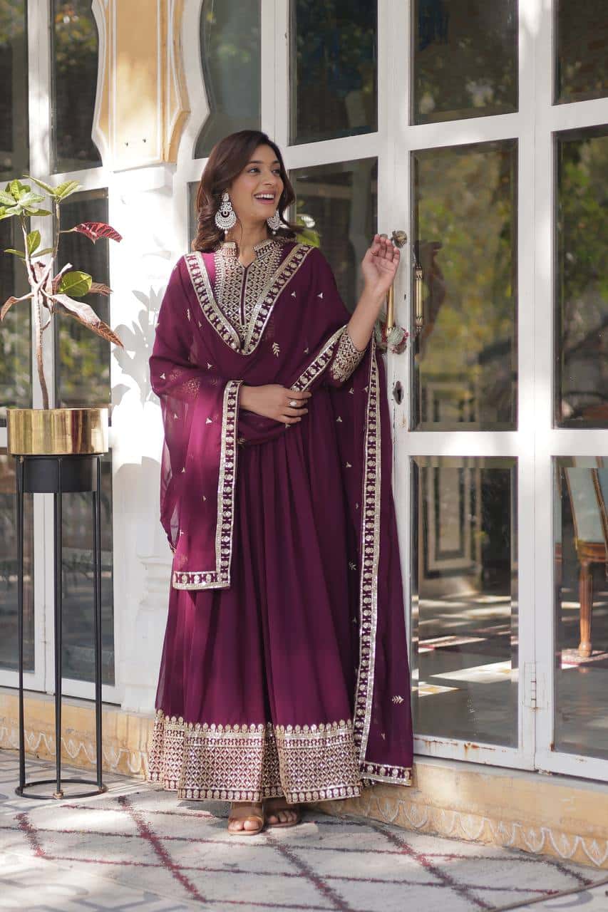 Elegant Designer Gown & Dupatta Set – Faux Blooming Georgette with Embroidery.