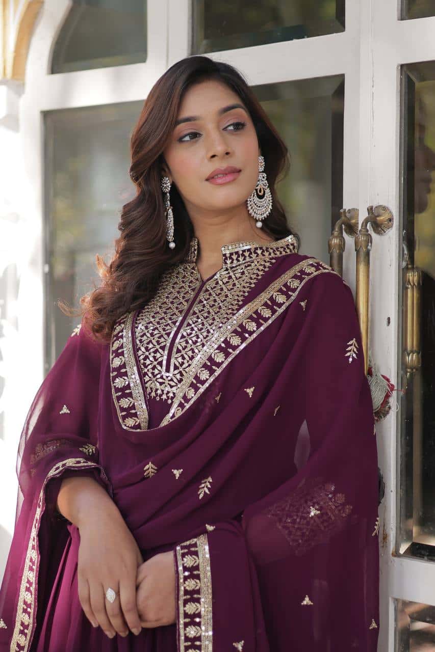 Elegant Designer Gown & Dupatta Set – Faux Blooming Georgette with Embroidery.