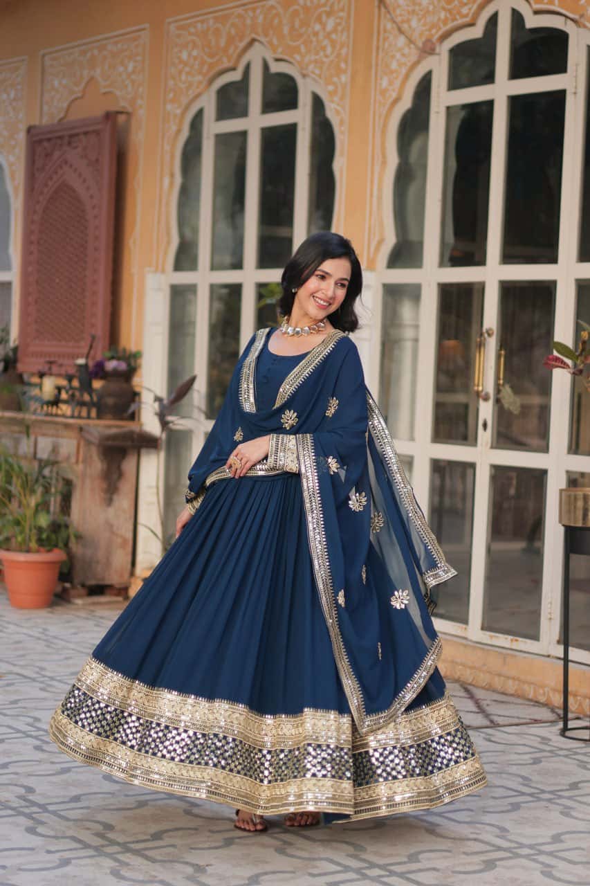 Luxury Designer Gown & Dupatta Set with Zari & Sequins Embroidery