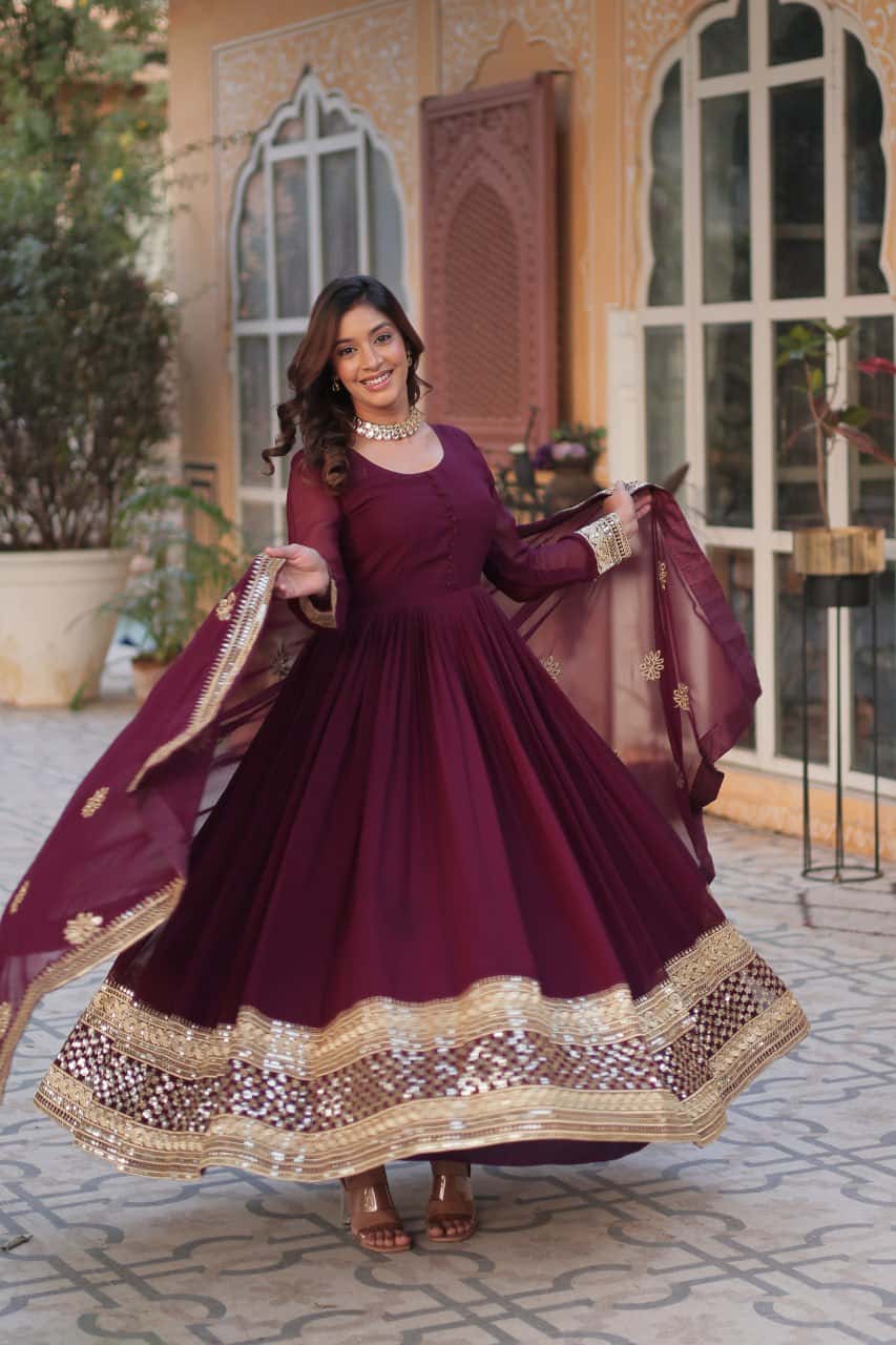 "Faux Blooming Embroidered Gown with Zari, Sequins, and Designer Dupatta"