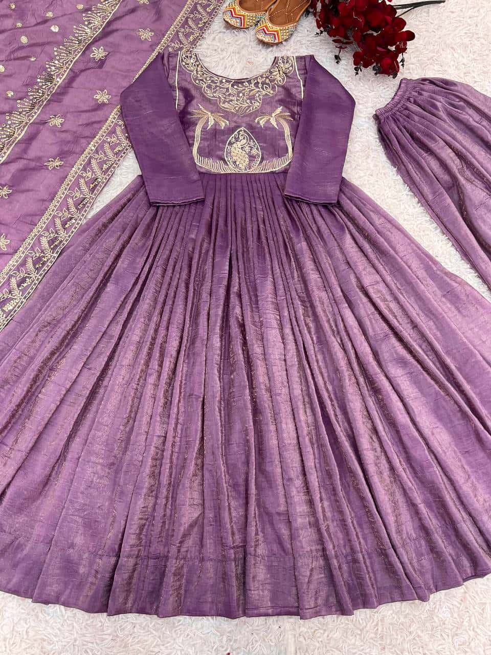 Elegant Gold Crash Gown with Full Sleeves, Embroidery, and Lace Dupatta