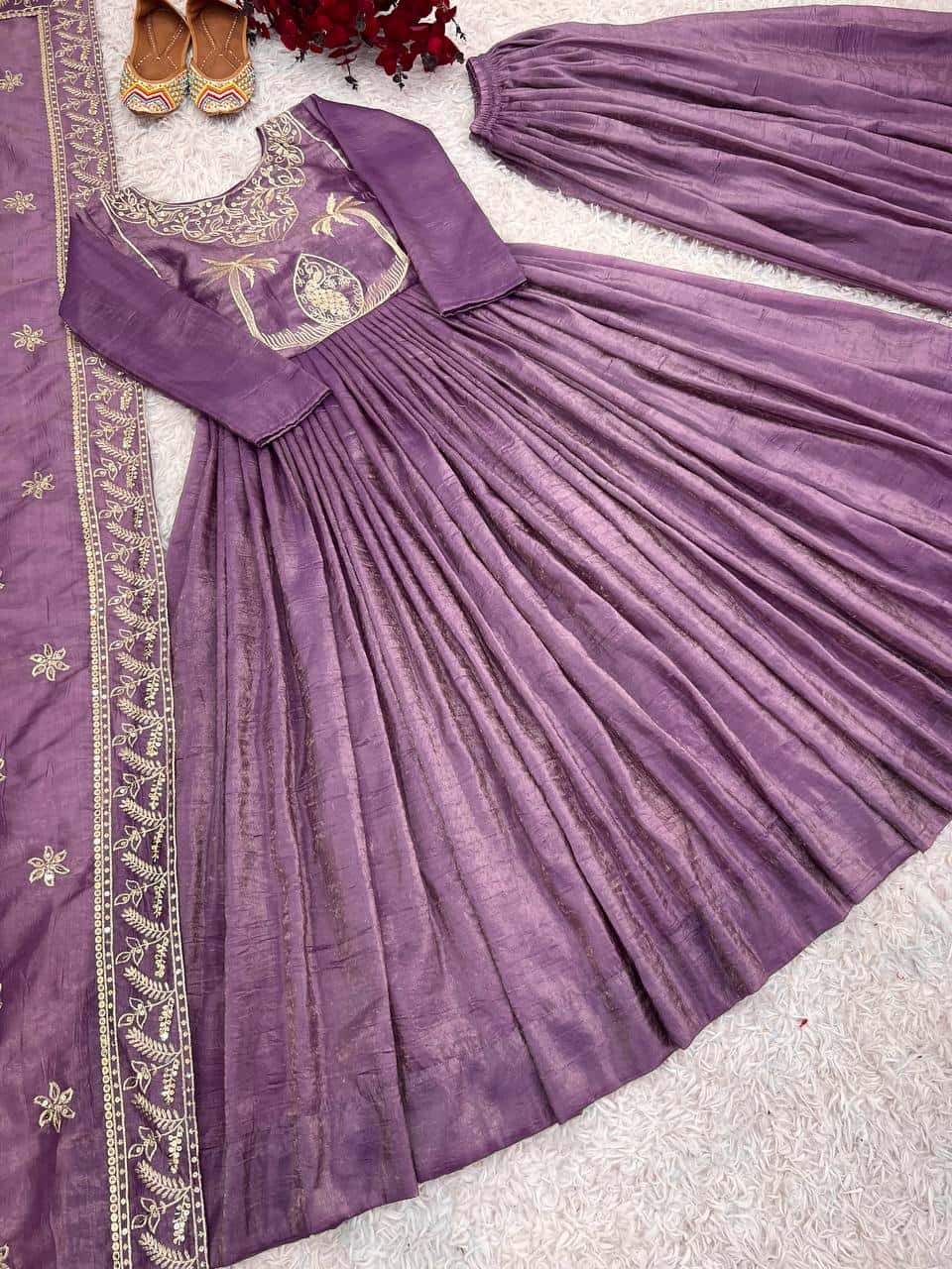 Elegant Gold Crash Gown with Full Sleeves, Embroidery, and Lace Dupatta