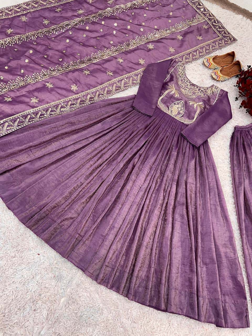 Elegant Gold Crash Gown with Full Sleeves, Embroidery, and Lace Dupatta