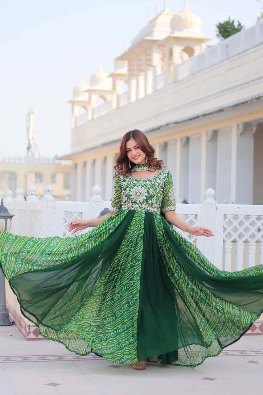 Pure Bandhej Gown with Faux Georgette Dupatta and Sequence Embroidery
